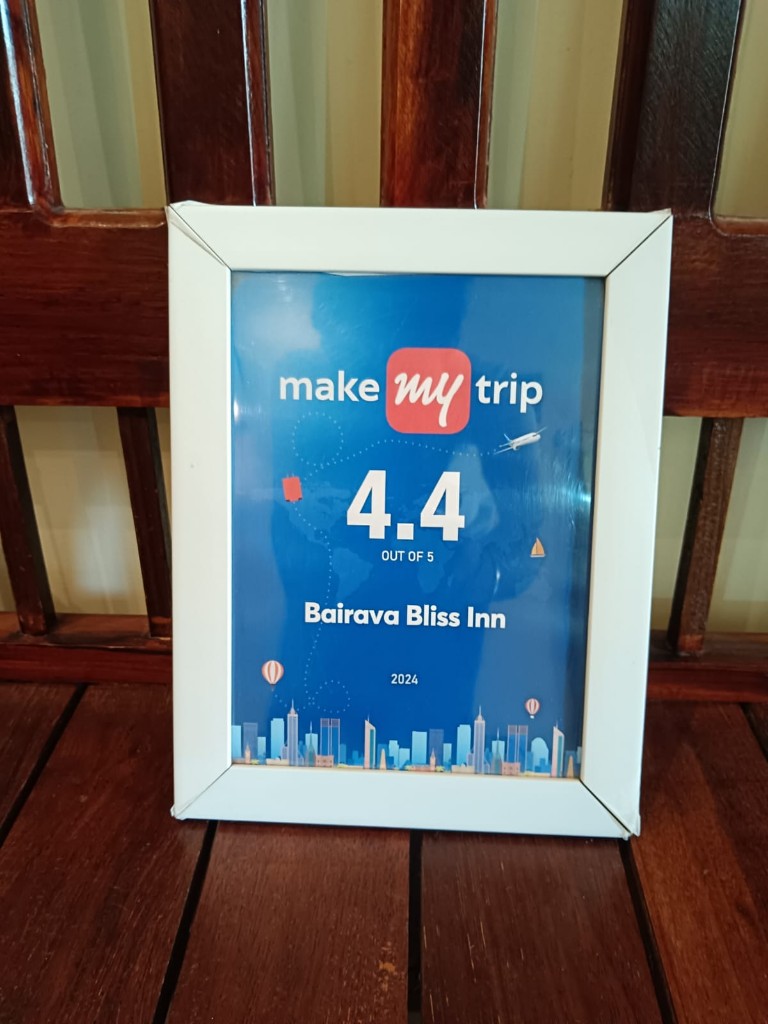 MakeMyTrip guest rating award showing 4.4 out of 5 for Bairava Bliss Inn, 2024